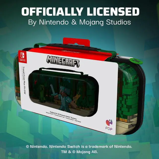 Alt view image 6 of 7 - PDP REALMz Nintendo Switch Travel Case Plus GLOW with Wrist Strap, Built-in Stand & Game Storage Pockets, Officially Licensed: Minecraft Forest Battle (Glow in the Dark)