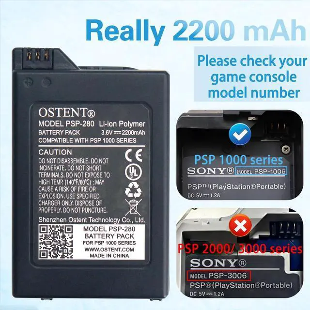 Alt view image 2 of 7 - OSTENT High Capacity Quality Real 2200mAh 3.6V Lithium Ion Li-ion Polymer Rechargeable Battery Pack Replacement Upgraded Version for Sony PSP 1000 PSP-280 Console Video Games