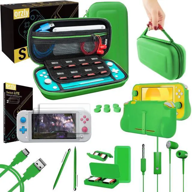 Main image of Orzly Switch Lite Accessories Bundle - Case & Screen Protector for Nintendo Switch Lite Console, USB Cable, Games Holder, Comfort Grip Case, Headphones, Thumb-Grip Pack & More - Green