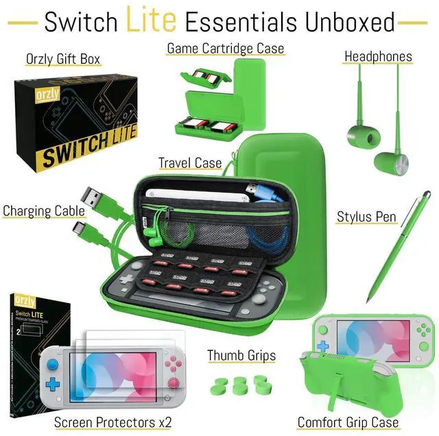 Alt view image 3 of 7 - Orzly Switch Lite Accessories Bundle - Case & Screen Protector for Nintendo Switch Lite Console, USB Cable, Games Holder, Comfort Grip Case, Headphones, Thumb-Grip Pack & More - Green