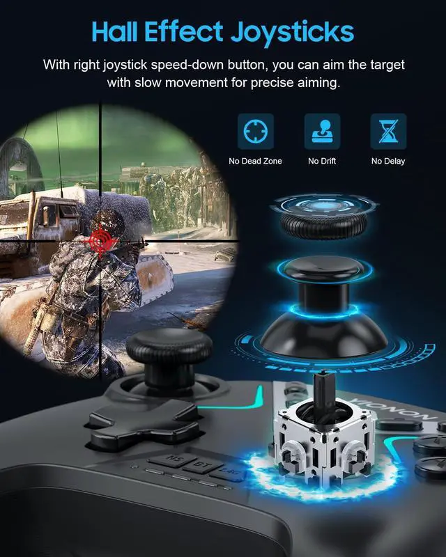 Alt view image 2 of 7 - Dual Hall Effect PC Controller-Enhanced Wireless Bluetooth Controller with Hall Joysticks & Triggers & Joystick Speed Down for PC Windows/iPhone/Android/Switch/Steam/TV (With USB Dongle & Phone Clip)