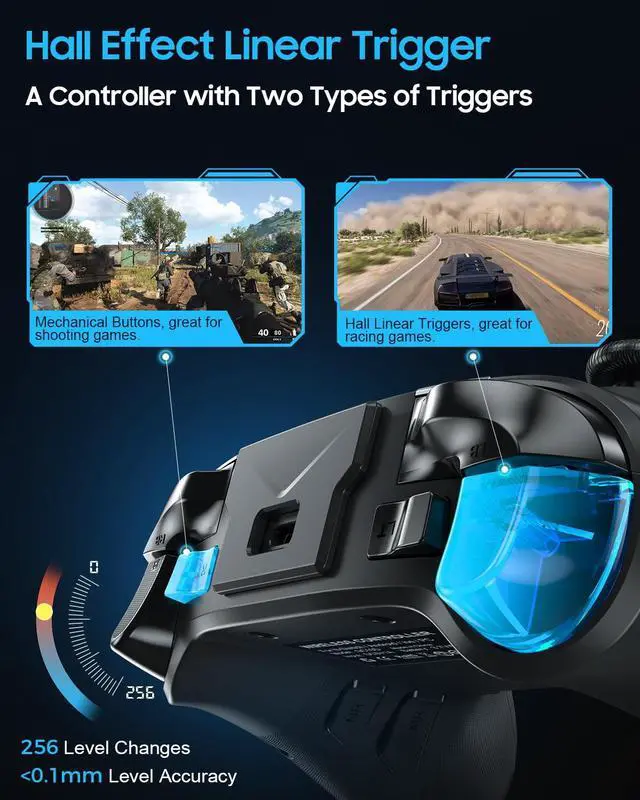Alt view image 3 of 7 - Dual Hall Effect PC Controller-Enhanced Wireless Bluetooth Controller with Hall Joysticks & Triggers & Joystick Speed Down for PC Windows/iPhone/Android/Switch/Steam/TV (With USB Dongle & Phone Clip)