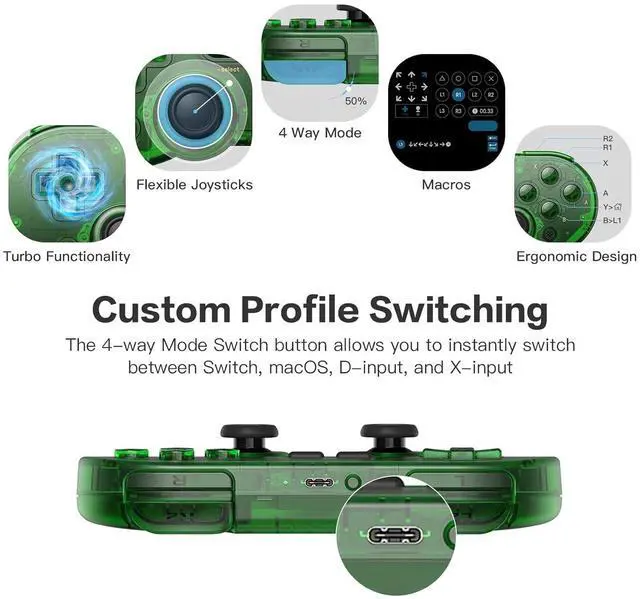 Alt view image 4 of 6 - 8Bitdo SN30 Pro Switch Wireless Bluetooth Game Controller Gamepad (Hall Effect Joystick Update) for Switch Steam Mac PC Android Windows MacOS (Green)