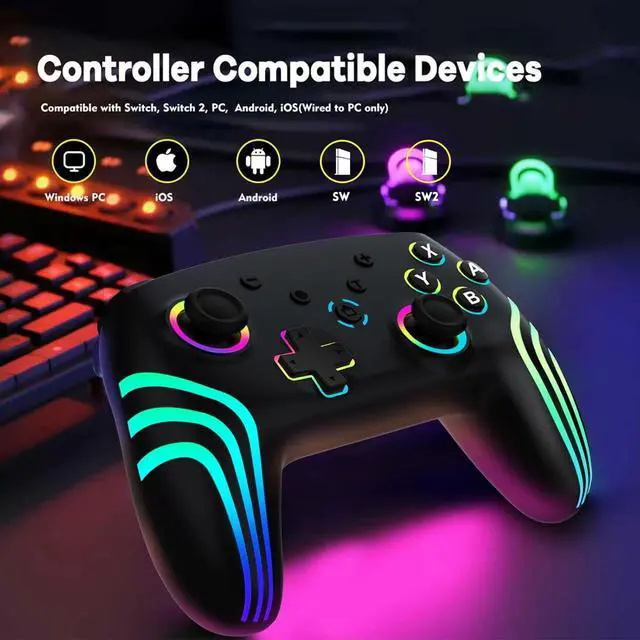Alt view image 3 of 6 - MYSTILUCK Wireless Pro Controller for Switch/Switch 2/Lite/OLED/PC, Gamepad with 7 Color-Changing RGB Lighting/Dual Vibration/6-Axis Gyroscope/Turbo, Ergonomically Designed Precise Joystick