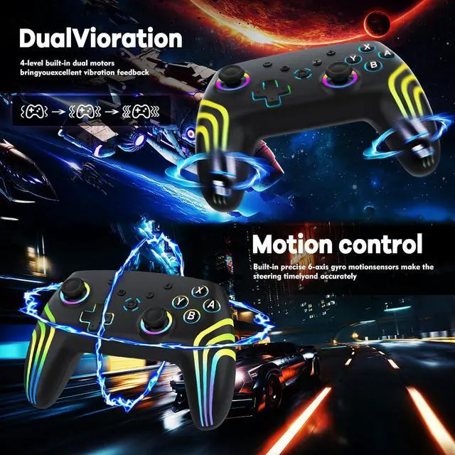 Alt view image 4 of 6 - MYSTILUCK Wireless Pro Controller for Switch/Switch 2/Lite/OLED/PC, Gamepad with 7 Color-Changing RGB Lighting/Dual Vibration/6-Axis Gyroscope/Turbo, Ergonomically Designed Precise Joystick