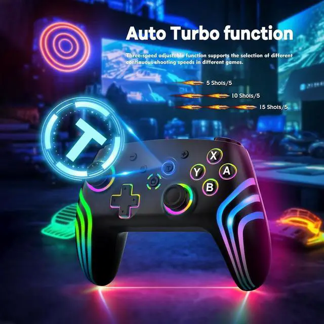 Alt view image 5 of 6 - MYSTILUCK Wireless Pro Controller for Switch/Switch 2/Lite/OLED/PC, Gamepad with 7 Color-Changing RGB Lighting/Dual Vibration/6-Axis Gyroscope/Turbo, Ergonomically Designed Precise Joystick