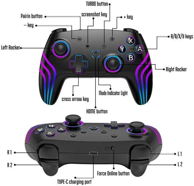 Alt view image 6 of 6 - MYSTILUCK Wireless Pro Controller for Switch/Switch 2/Lite/OLED/PC, Gamepad with 7 Color-Changing RGB Lighting/Dual Vibration/6-Axis Gyroscope/Turbo, Ergonomically Designed Precise Joystick