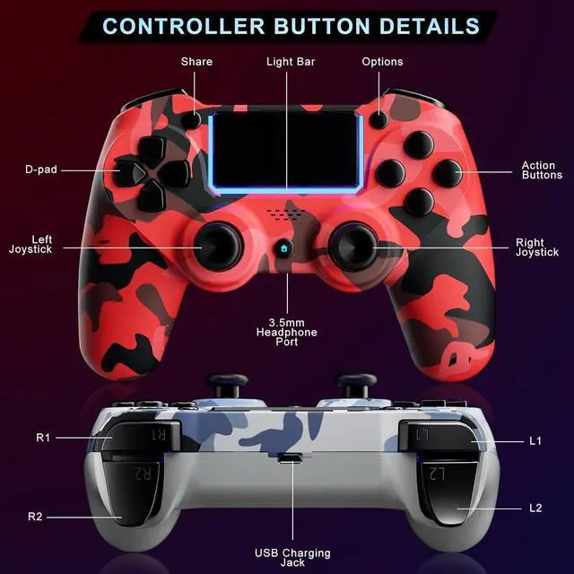 Alt view image 3 of 7 - KDYGPDCT 2 Pack Wireless Controller for PS4/Pro/PS3,Wireless Remote Gamepad with 1000mAh Battery | Double Shock | Audio | 6-Axis Motion Sensor | Share Button (Red + Blue)