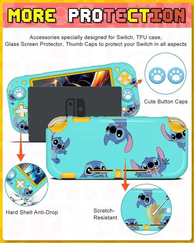 Alt view image 5 of 6 - Xinocy for Nintendo Switch Lite 7 in 1 Storage Accessories Kit with Travel Carrying Case+Switch Lite Protective Cover+Game Case Holder+Strap+Sticker+2 Thumb Caps Cute Shell for Boys Kids Girls -Stit