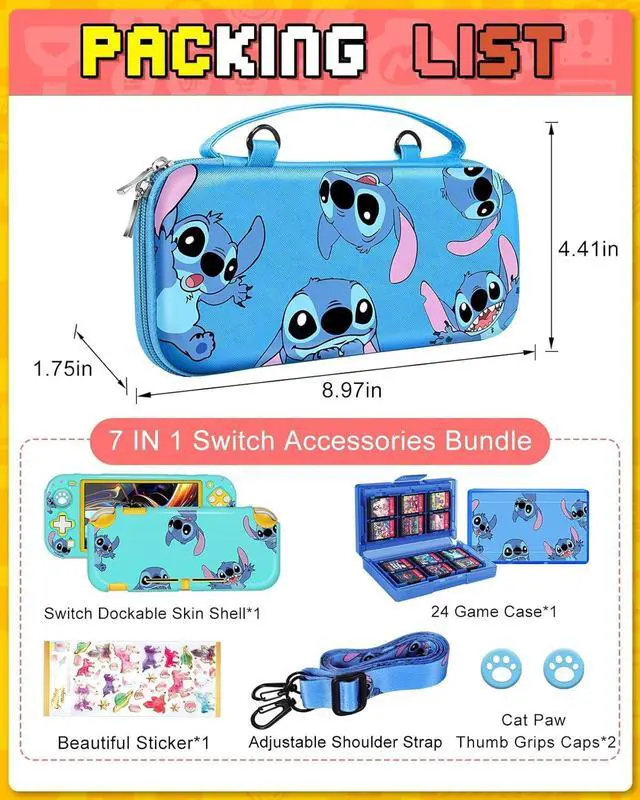 Alt view image 3 of 6 - Xinocy for Nintendo Switch Lite 7 in 1 Storage Accessories Kit with Travel Carrying Case+Switch Lite Protective Cover+Game Case Holder+Strap+Sticker+2 Thumb Caps Cute Shell for Boys Kids Girls -Stit