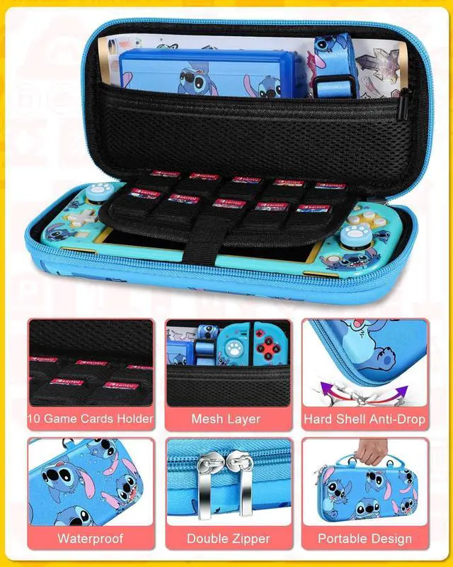 Alt view image 4 of 6 - Xinocy for Nintendo Switch Lite 7 in 1 Storage Accessories Kit with Travel Carrying Case+Switch Lite Protective Cover+Game Case Holder+Strap+Sticker+2 Thumb Caps Cute Shell for Boys Kids Girls -Stit