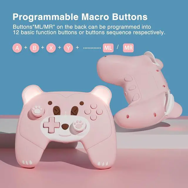 Alt view image 2 of 7 - Mytrix Pink Wireless Controller Compatible with Nintendo Switch/Switch Lite, Cute Pro Controller with Macro, Wake-Up, Turbo, Motion, Vibration, Ergonomic Breathing Light, Gift for Gamer Girls Boys