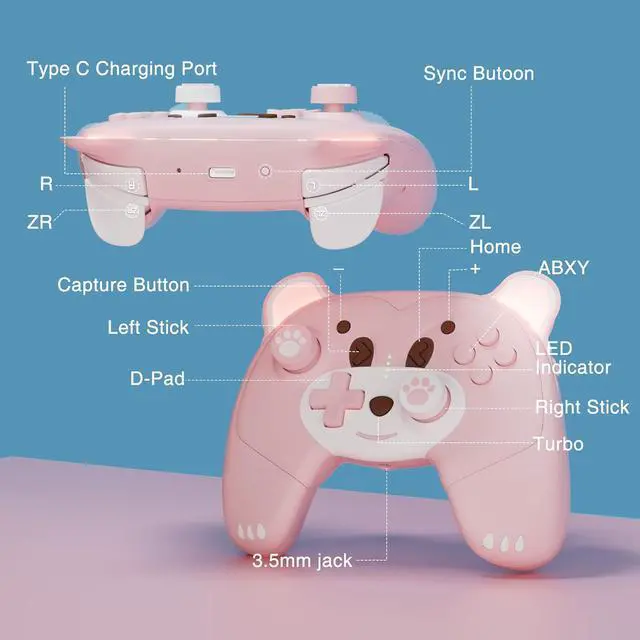 Alt view image 6 of 7 - Mytrix Pink Wireless Controller Compatible with Nintendo Switch/Switch Lite, Cute Pro Controller with Macro, Wake-Up, Turbo, Motion, Vibration, Ergonomic Breathing Light, Gift for Gamer Girls Boys