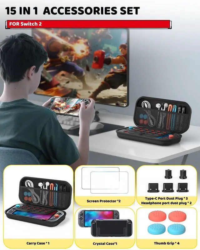 Alt view image 3 of 7 - Switch 2 Accessories Bundle for Nintendo Switch 2 2025, Portable Hard Shell Slim Case with Switch 2 Crystals Cover kit, 2 HD Screen Protectors (7.9 Inch),Dust Plugs Kit, 4 Thumb Grips