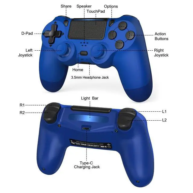 Alt view image 5 of 6 - TIANHOO Wireless Controller compatible with PS4, with Vibration Feedback, Motion Sensing, Touchpad, Light Bar, Share, Speaker, 3.5mm Headphone Jack (Blue)
