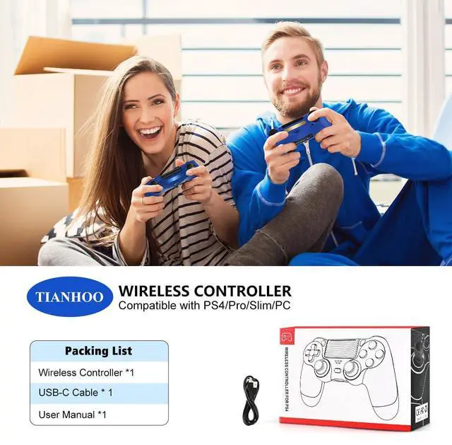 Alt view image 6 of 6 - TIANHOO Wireless Controller compatible with PS4, with Vibration Feedback, Motion Sensing, Touchpad, Light Bar, Share, Speaker, 3.5mm Headphone Jack (Blue)