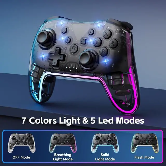 Alt view image 2 of 6 - Wireless Controller for Switch/Lite/OLED/PC/Android/iOS - Ergonomic Gamepad with 7 Color RGB Lighting, Turbo/Vibration Adjustment & One-Key Wake-Up Function