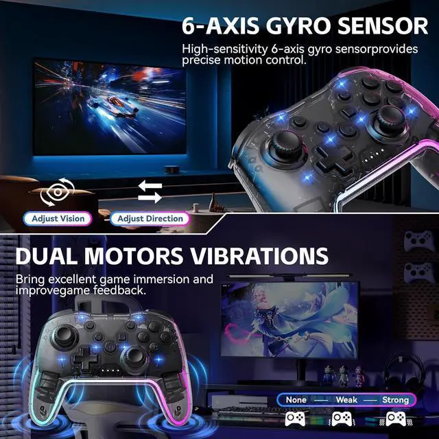 Alt view image 4 of 6 - Wireless Controller for Switch/Lite/OLED/PC/Android/iOS - Ergonomic Gamepad with 7 Color RGB Lighting, Turbo/Vibration Adjustment & One-Key Wake-Up Function