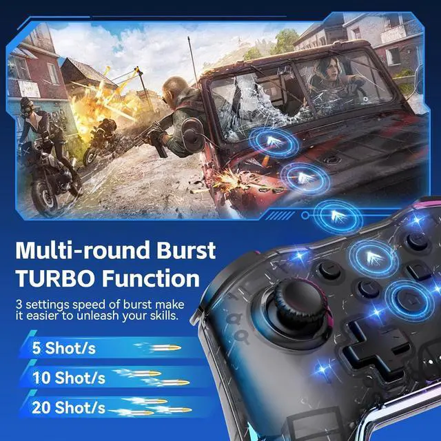 Alt view image 5 of 6 - Wireless Controller for Switch/Lite/OLED/PC/Android/iOS - Ergonomic Gamepad with 7 Color RGB Lighting, Turbo/Vibration Adjustment & One-Key Wake-Up Function