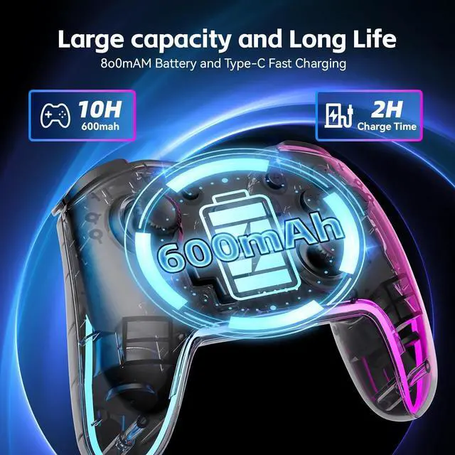Alt view image 6 of 6 - Wireless Controller for Switch/Lite/OLED/PC/Android/iOS - Ergonomic Gamepad with 7 Color RGB Lighting, Turbo/Vibration Adjustment & One-Key Wake-Up Function