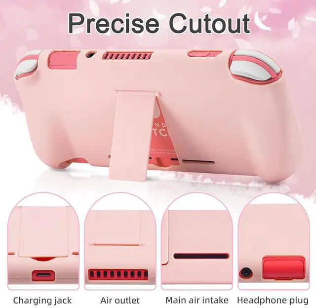 Alt view image 4 of 7 - BRHE Pink Travel Carrying Case Accessories Kit for Switch Lite, Hard Protective Cover Skin Shell with Stand, Glass Screen Protector, Thumb Grip Caps 9 in 1