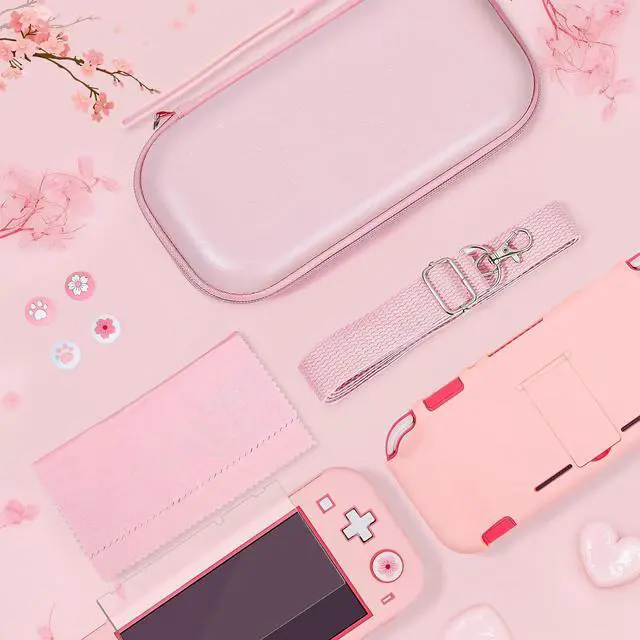 Alt view image 5 of 7 - BRHE Pink Travel Carrying Case Accessories Kit for Switch Lite, Hard Protective Cover Skin Shell with Stand, Glass Screen Protector, Thumb Grip Caps 9 in 1