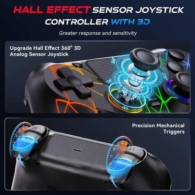 Alt view image 3 of 7 - GamingBoy 2 Pack Wireless Controller for PS4, Light-up RGB Remote Control for Ps4/PC with Hall Effect Joystick/1000mAh Battery/Type-C/Dual Vibration/6-Axis Gyro/Audio Jack/Touch PadWhite Black
