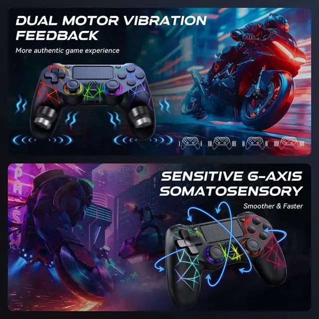 Alt view image 4 of 7 - GamingBoy 2 Pack Wireless Controller for PS4, Light-up RGB Remote Control for Ps4/PC with Hall Effect Joystick/1000mAh Battery/Type-C/Dual Vibration/6-Axis Gyro/Audio Jack/Touch PadWhite Black