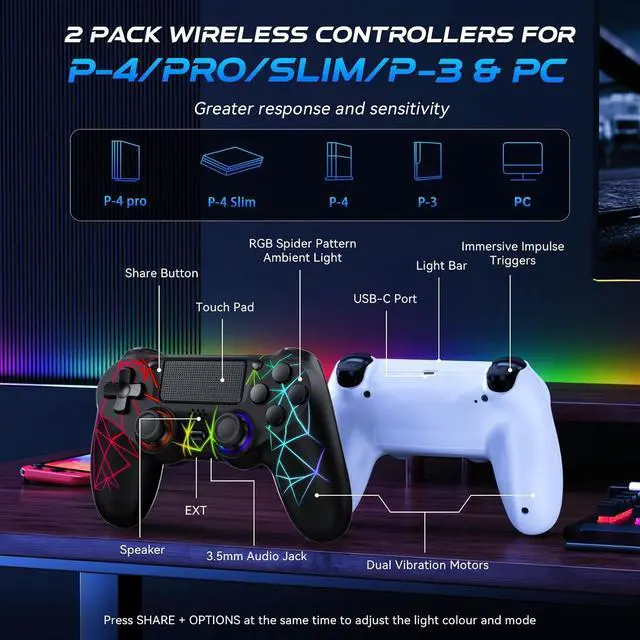 Alt view image 5 of 7 - GamingBoy 2 Pack Wireless Controller for PS4, Light-up RGB Remote Control for Ps4/PC with Hall Effect Joystick/1000mAh Battery/Type-C/Dual Vibration/6-Axis Gyro/Audio Jack/Touch PadWhite Black