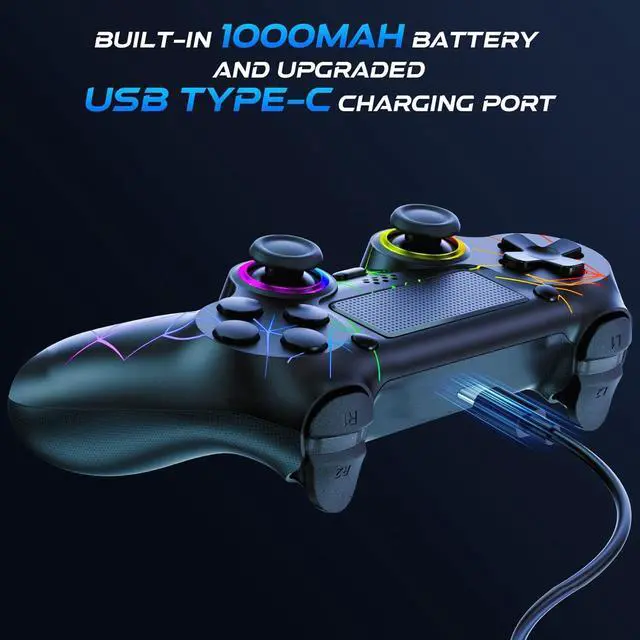 Alt view image 6 of 7 - GamingBoy 2 Pack Wireless Controller for PS4, Light-up RGB Remote Control for Ps4/PC with Hall Effect Joystick/1000mAh Battery/Type-C/Dual Vibration/6-Axis Gyro/Audio Jack/Touch PadWhite Black