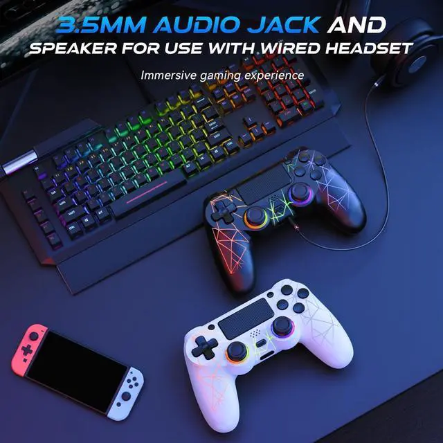 Alt view image 7 of 7 - GamingBoy 2 Pack Wireless Controller for PS4, Light-up RGB Remote Control for Ps4/PC with Hall Effect Joystick/1000mAh Battery/Type-C/Dual Vibration/6-Axis Gyro/Audio Jack/Touch PadWhite Black