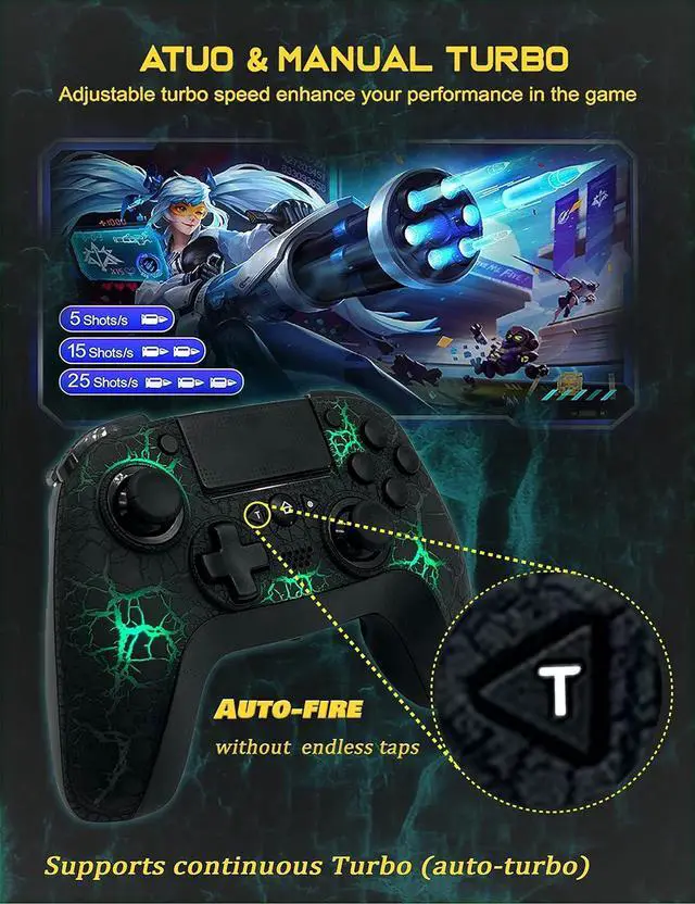 Alt view image 5 of 6 - TJPD Wireless Game Controller with 2 Programmable Back Buttons, Compatible with PS4/PS3/iOS13.4+/PC/Android, Game Controller Remote with Turbo/Gyro/HD Dual Vibration/LED Indicator (Black)