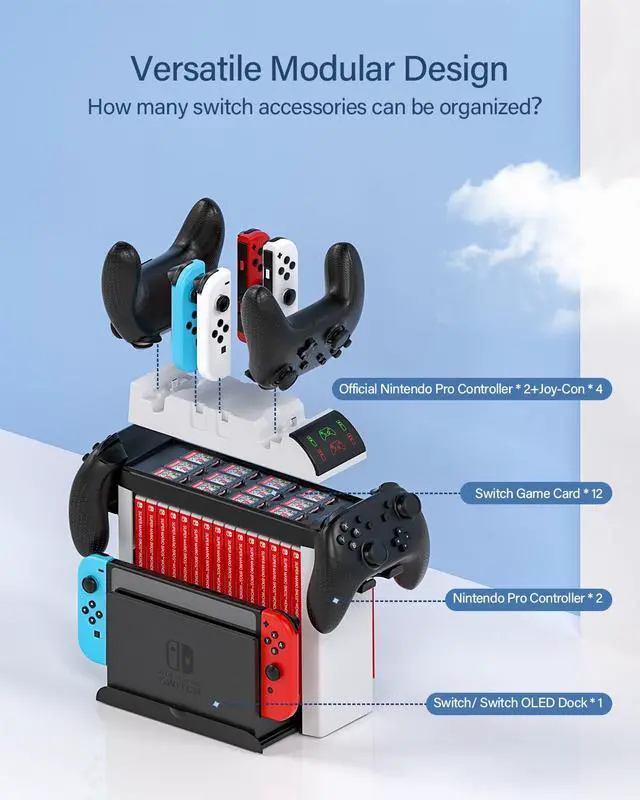 Alt view image 2 of 7 - Switch Games Organizer Holder and Charging Dock for Nintendo Switch & Switch OLED Joy-Cons/Original Switch Pro Controller - Nargos Switch Storage Rack Stand Accessories kit