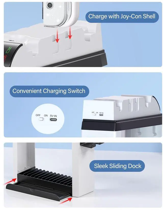 Alt view image 4 of 7 - Switch Games Organizer Holder and Charging Dock for Nintendo Switch & Switch OLED Joy-Cons/Original Switch Pro Controller - Nargos Switch Storage Rack Stand Accessories kit
