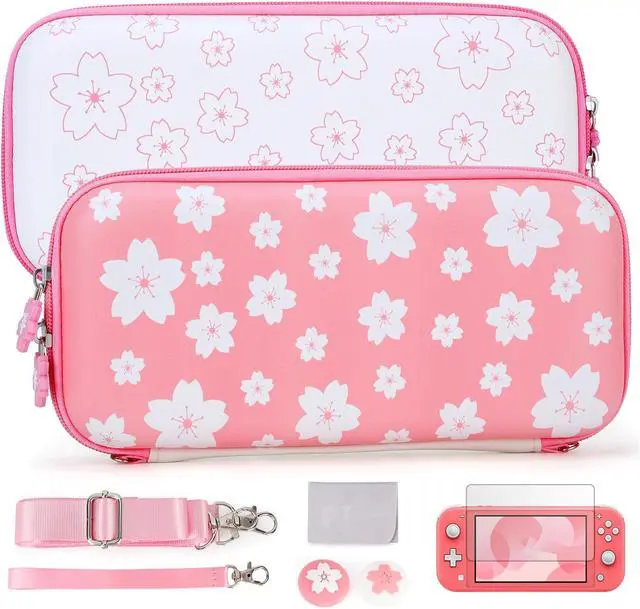 Main image of Tscope Cute Carrying Case for Nintendo Switch Lite, Pink Sakura Portable Hard Shell Girls Travel Storage Bag, with Glass Screen Protector & Thumb Grip Caps (Switch Lite Pink)