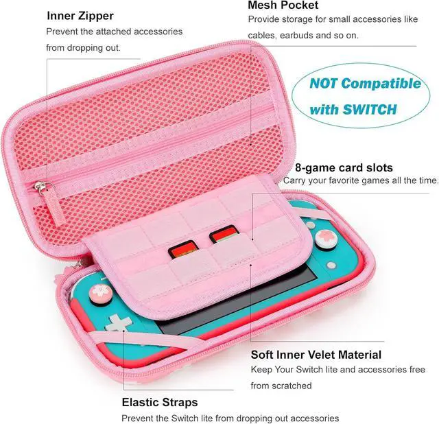 Alt view image 2 of 7 - Tscope Cute Carrying Case for Nintendo Switch Lite, Pink Sakura Portable Hard Shell Girls Travel Storage Bag, with Glass Screen Protector & Thumb Grip Caps (Switch Lite Pink)