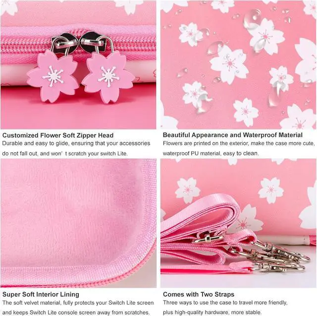 Alt view image 4 of 7 - Tscope Cute Carrying Case for Nintendo Switch Lite, Pink Sakura Portable Hard Shell Girls Travel Storage Bag, with Glass Screen Protector & Thumb Grip Caps (Switch Lite Pink)