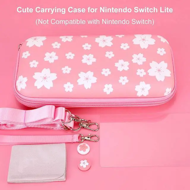 Alt view image 6 of 7 - Tscope Cute Carrying Case for Nintendo Switch Lite, Pink Sakura Portable Hard Shell Girls Travel Storage Bag, with Glass Screen Protector & Thumb Grip Caps (Switch Lite Pink)