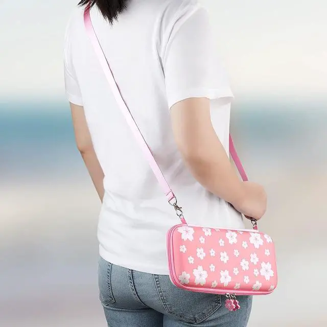 Alt view image 7 of 7 - Tscope Cute Carrying Case for Nintendo Switch Lite, Pink Sakura Portable Hard Shell Girls Travel Storage Bag, with Glass Screen Protector & Thumb Grip Caps (Switch Lite Pink)