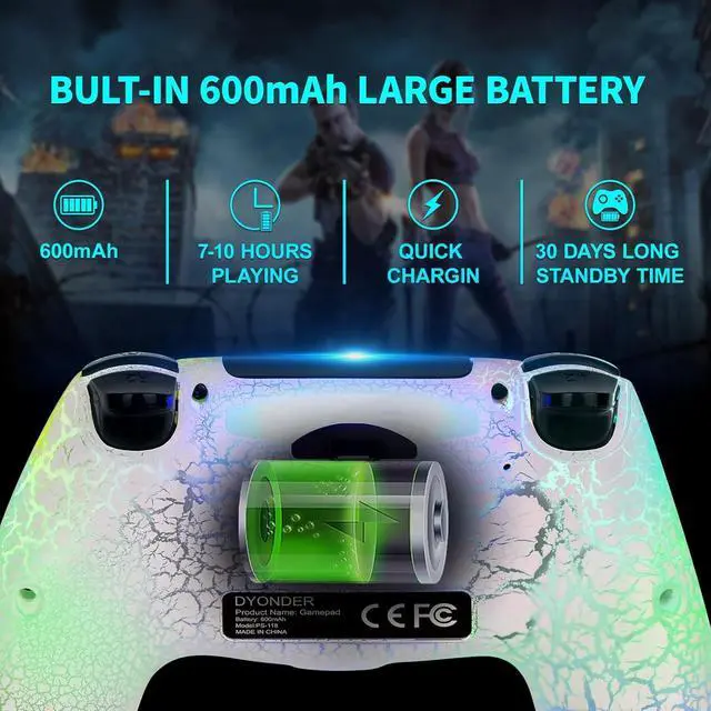 Alt view image 5 of 6 - DYONDER Wireless Controller for PS4, Wireless Remote Gamepad with Unique Cracked Design/Dual Vibration/6-Axis Motion Sensor/Audio Function, Game Controller Widely Compatible with PS4/PC(White)