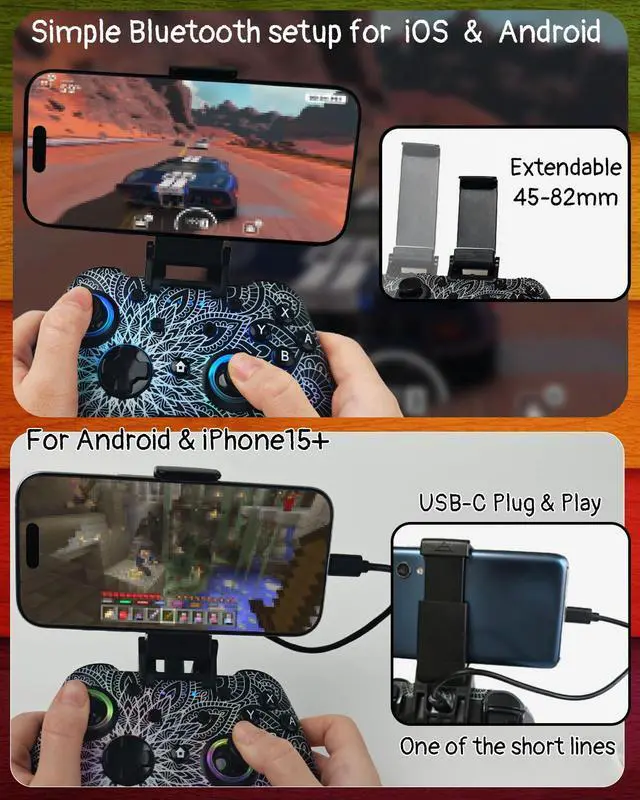 Alt view image 4 of 7 - WZUICOV RGB Multi-Platform Game Controller for Switch, Phone, Tablet, PC, TV Box & Tesla - Bluetooth & Wired USB-C, with C-A Adapter, Phone Holder + Extra 25mm Cable