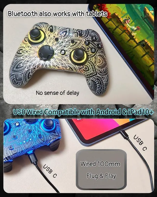 Alt view image 5 of 7 - WZUICOV RGB Multi-Platform Game Controller for Switch, Phone, Tablet, PC, TV Box & Tesla - Bluetooth & Wired USB-C, with C-A Adapter, Phone Holder + Extra 25mm Cable