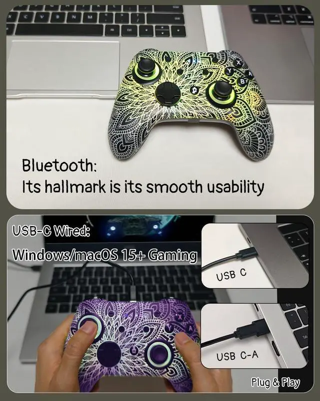 Alt view image 6 of 7 - WZUICOV RGB Multi-Platform Game Controller for Switch, Phone, Tablet, PC, TV Box & Tesla - Bluetooth & Wired USB-C, with C-A Adapter, Phone Holder + Extra 25mm Cable