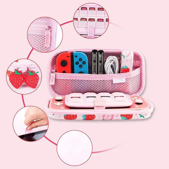 Alt view image 2 of 7 - GLDRAM Strawberry Case for Nintendo Switch Lite, Pink Cute Travel Carrying Case for Switch Lite Accessories Bundle with Soft Protective Cover, Screen Protector, Thumb Caps & Shoulder Strap for Girls
