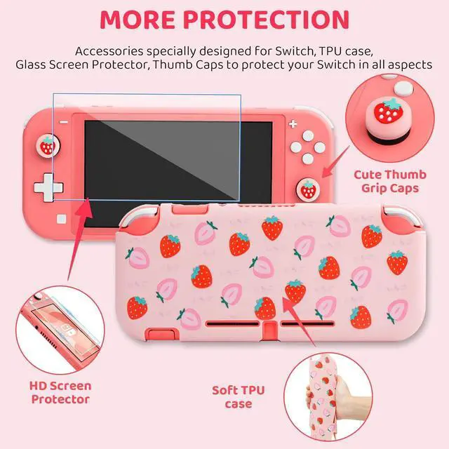 Alt view image 3 of 7 - GLDRAM Strawberry Case for Nintendo Switch Lite, Pink Cute Travel Carrying Case for Switch Lite Accessories Bundle with Soft Protective Cover, Screen Protector, Thumb Caps & Shoulder Strap for Girls