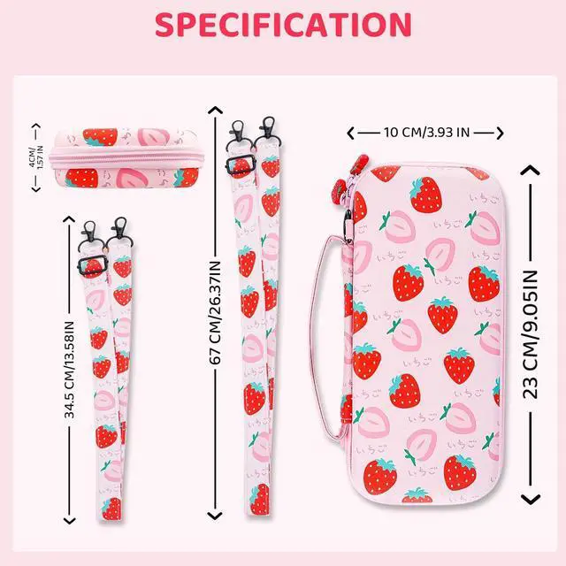 Alt view image 5 of 7 - GLDRAM Strawberry Case for Nintendo Switch Lite, Pink Cute Travel Carrying Case for Switch Lite Accessories Bundle with Soft Protective Cover, Screen Protector, Thumb Caps & Shoulder Strap for Girls