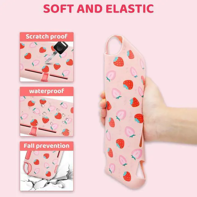 Alt view image 4 of 7 - GLDRAM Strawberry Case for Nintendo Switch Lite, Pink Cute Travel Carrying Case for Switch Lite Accessories Bundle with Soft Protective Cover, Screen Protector, Thumb Caps & Shoulder Strap for Girls