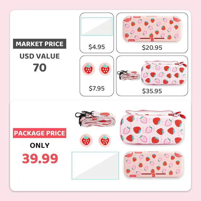 Alt view image 7 of 7 - GLDRAM Strawberry Case for Nintendo Switch Lite, Pink Cute Travel Carrying Case for Switch Lite Accessories Bundle with Soft Protective Cover, Screen Protector, Thumb Caps & Shoulder Strap for Girls