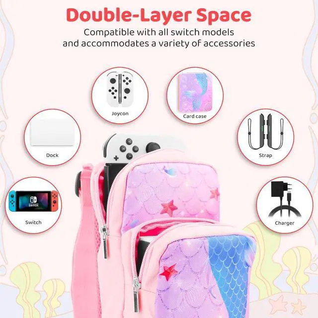 Alt view image 3 of 7 - RHOTALL Pink Travel Bag for Nintendo Switch/Lite/OLED/2 ,Large Capacity Portable Carrying Case Compatible for Chest Shoulder Accessories Storage Backpack with12 Slots Game Case,Thumb Grip Caps-fish