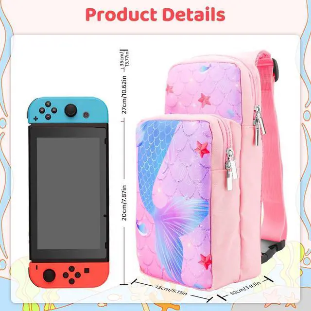 Alt view image 2 of 7 - RHOTALL Pink Travel Bag for Nintendo Switch/Lite/OLED/2 ,Large Capacity Portable Carrying Case Compatible for Chest Shoulder Accessories Storage Backpack with12 Slots Game Case,Thumb Grip Caps-fish